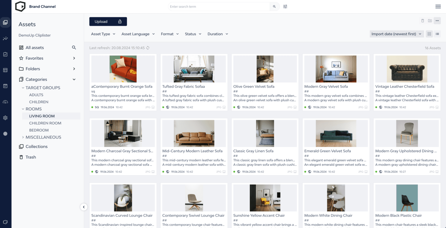 A digital asset library in grid view, showcasing furniture images separated by categories indicating in which room the furniture should go.