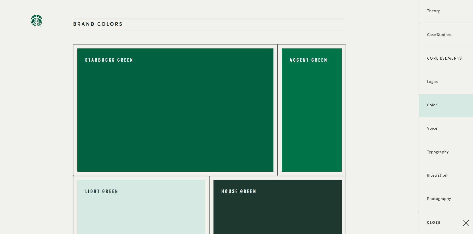 The Starbucks brand guidelines indicate which colours are used to stay brand-compliant.