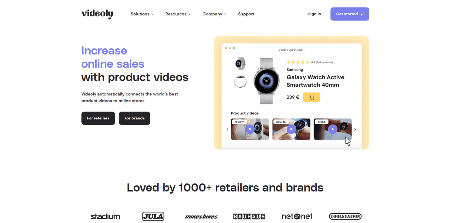 The Videoly homepage claims it helps you increase online sales with product videos.