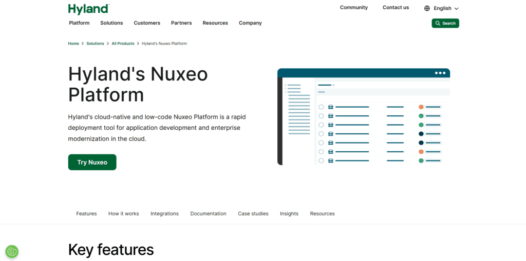 Hyland's Nuxeo platform page highlighting its position as a DAM for enterprise and IT firms.