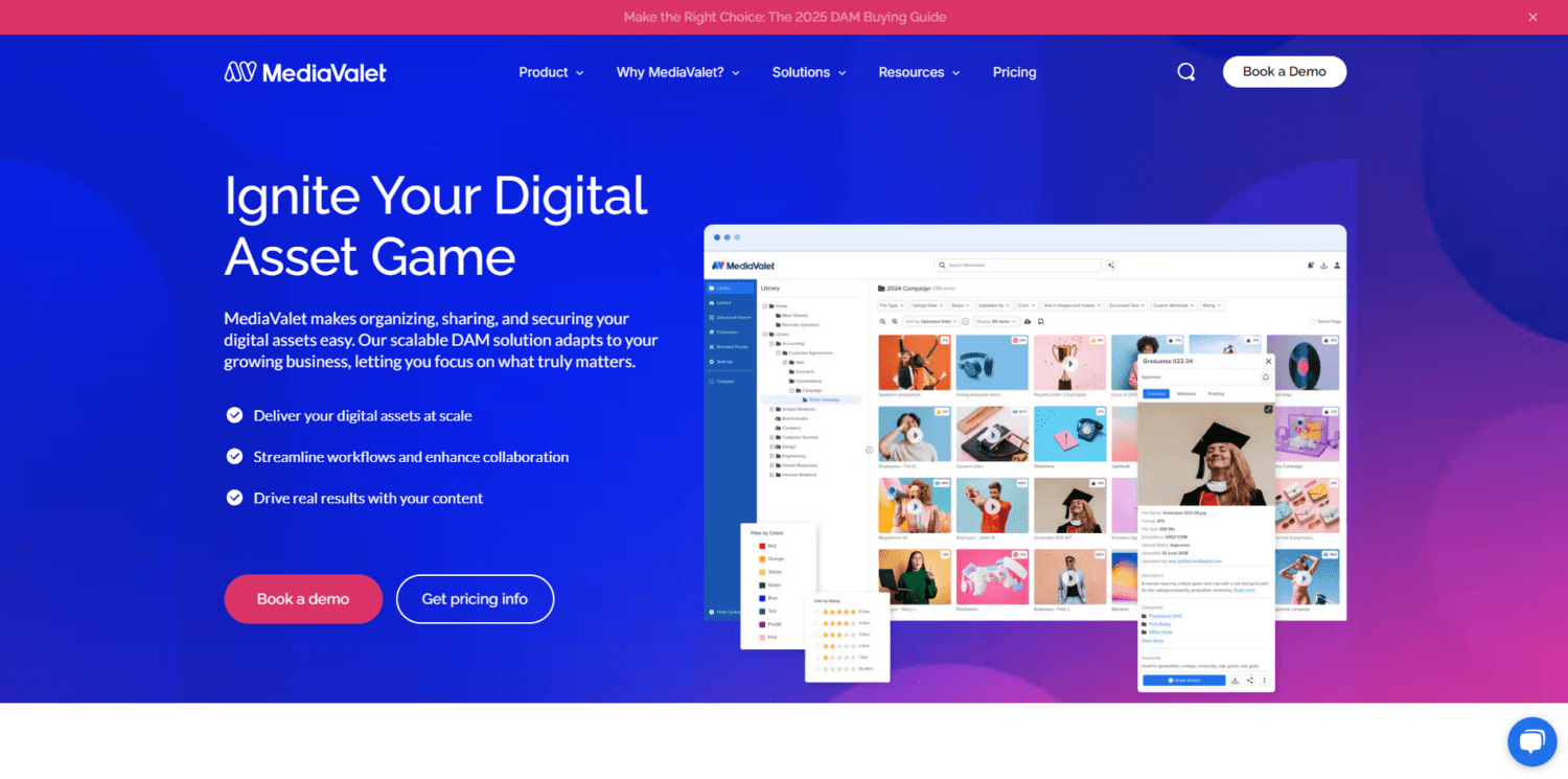 MediaValet homepage promoting digital asset management with an interface preview and call-to-action buttons.