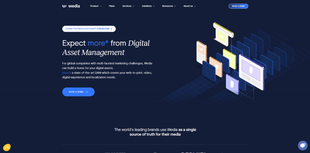 Wedia homepage promoting digital asset management with the headline 'Expect more from Digital Asset Management' and a call-to-action button to book a demo. Elements depict organised digital assets in a grid layout.