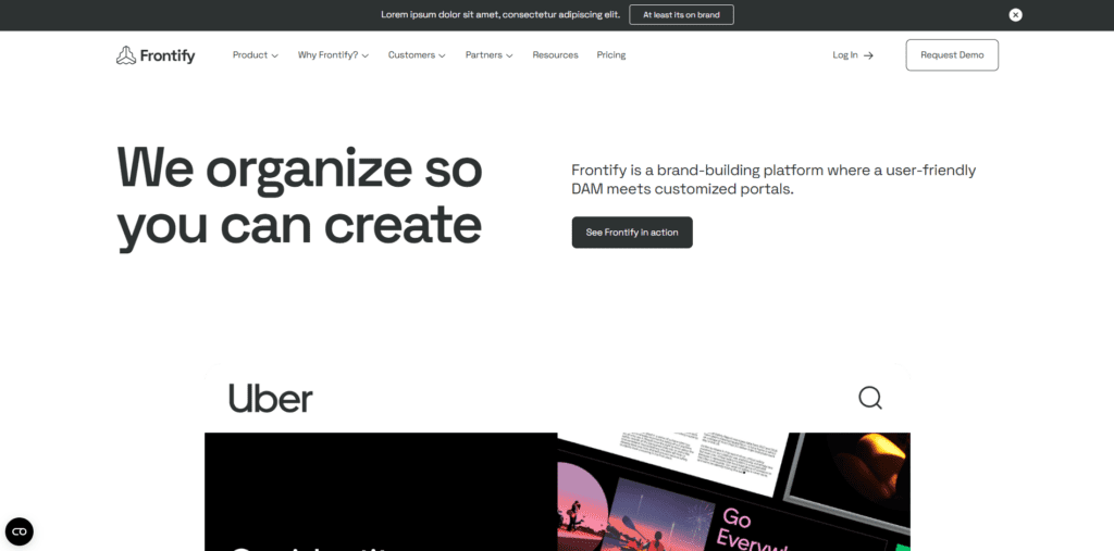 Frontify homepage with the headline 'We organize so you can create,' promoting its brand-building platform and digital asset management features.