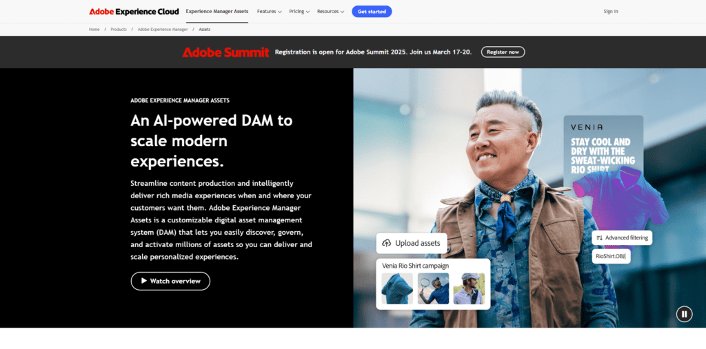 Adobe Experience Manager Assets website featuring a well-dressed man. DAM features in the image include upload assets, a photo gallery, and advanced filtering.