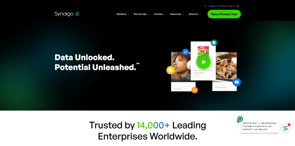 The Syndigo homepage with the text "Data Unlocked. Potential Unleashed. Trusted by 14,000+ Leading Enterprises Worldwide."