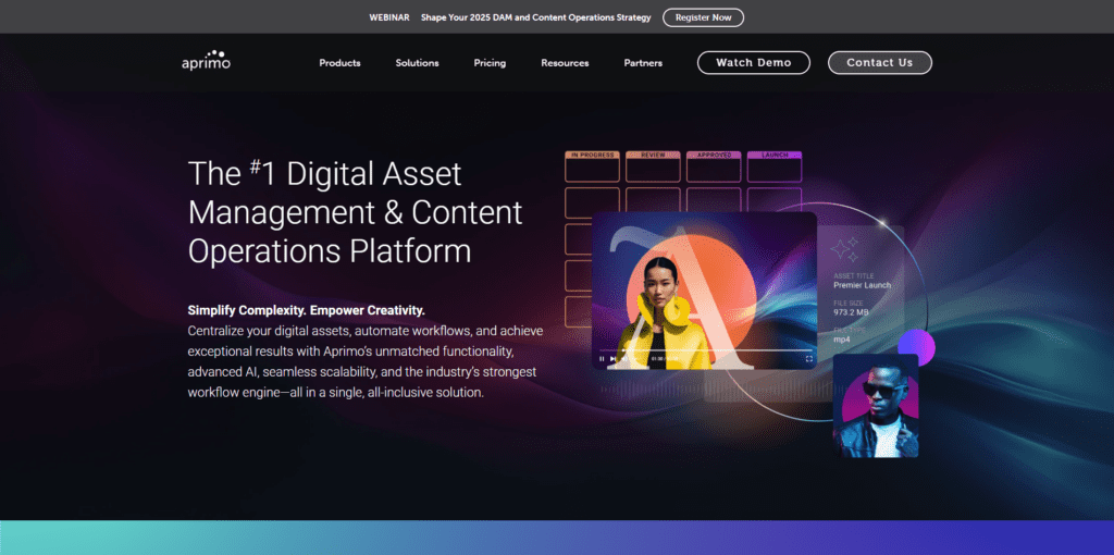 Aprimo homepage featuring a digital asset management platform with text highlighting AI workflows, scalability, and a video thumbnail of a woman in yellow.