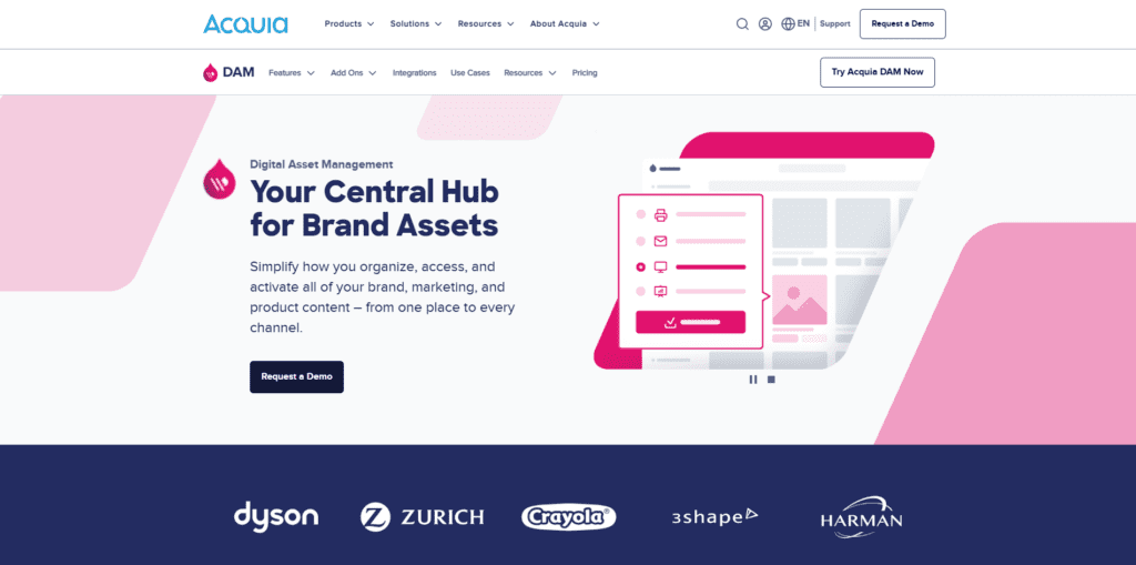 Acquia DAM homepage highlighting its role as a central hub for organising, accessing, and activating brand assets, with logos of partner brands.