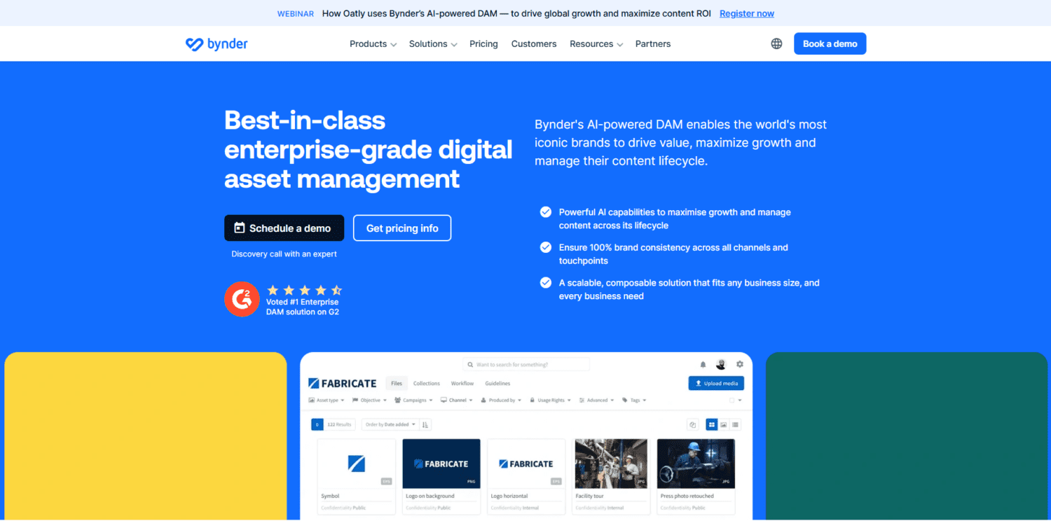 Bynder's homepage highlights its AI-powered DAM, key benefits, and a demo CTA. Voted #1 on G2, it showcases brand consistency and scalability.
