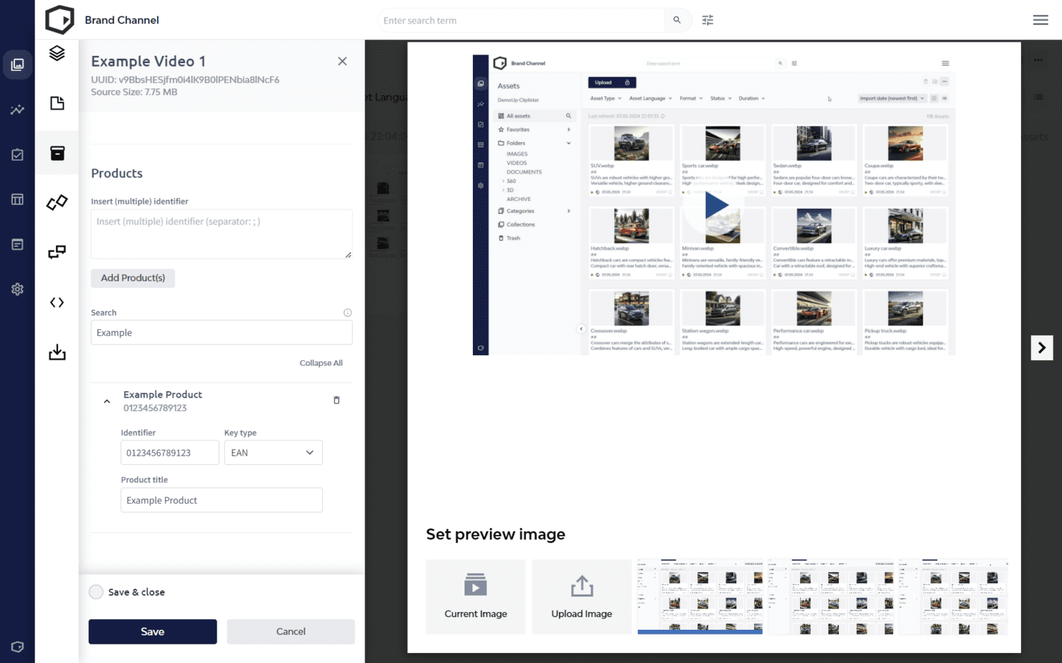 The video syndication interface within the DemoUp Cliplister interface lets you add products via EAN and set the preview thumbnail of your choice.