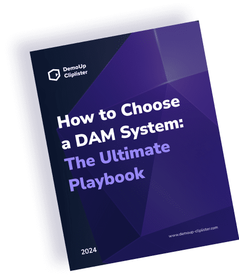 The cover of the DemoUp Cliplister guide titled 'How to Choose a DAM System: The Ultimate Playbook'.