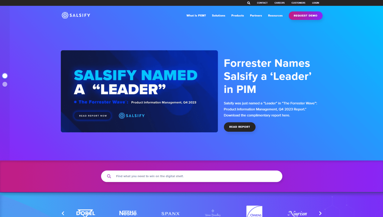 Salsify homepage highlighting its recognition as a 'Leader' in product information management, featuring a bold headline, call-to-action buttons, and client logos.