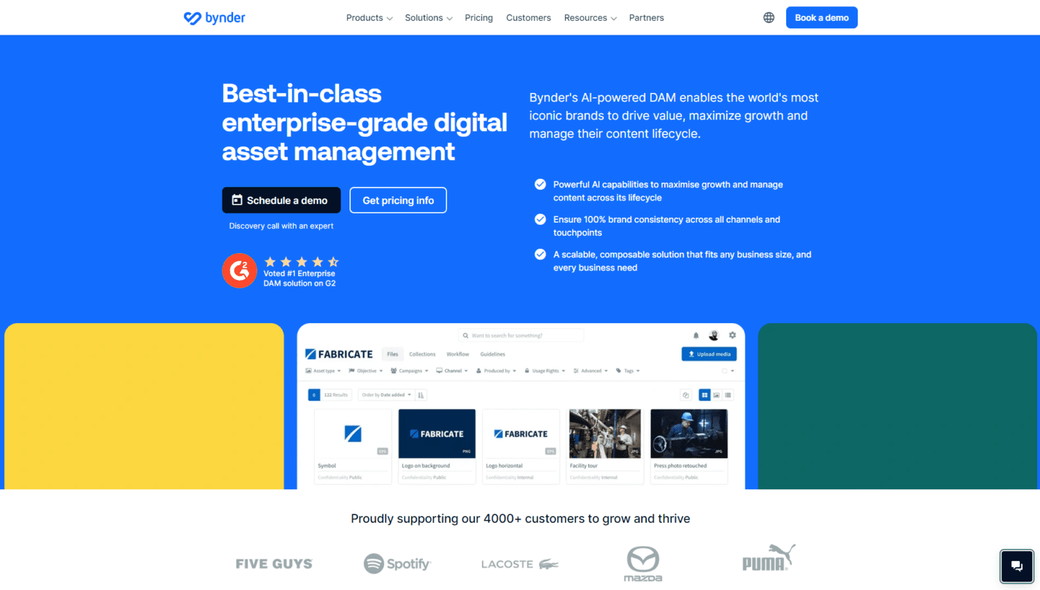 Bynder homepage showcasing enterprise-grade digital asset management with AI features, demo buttons, and logos of brands like Spotify, Puma, and Lacoste.