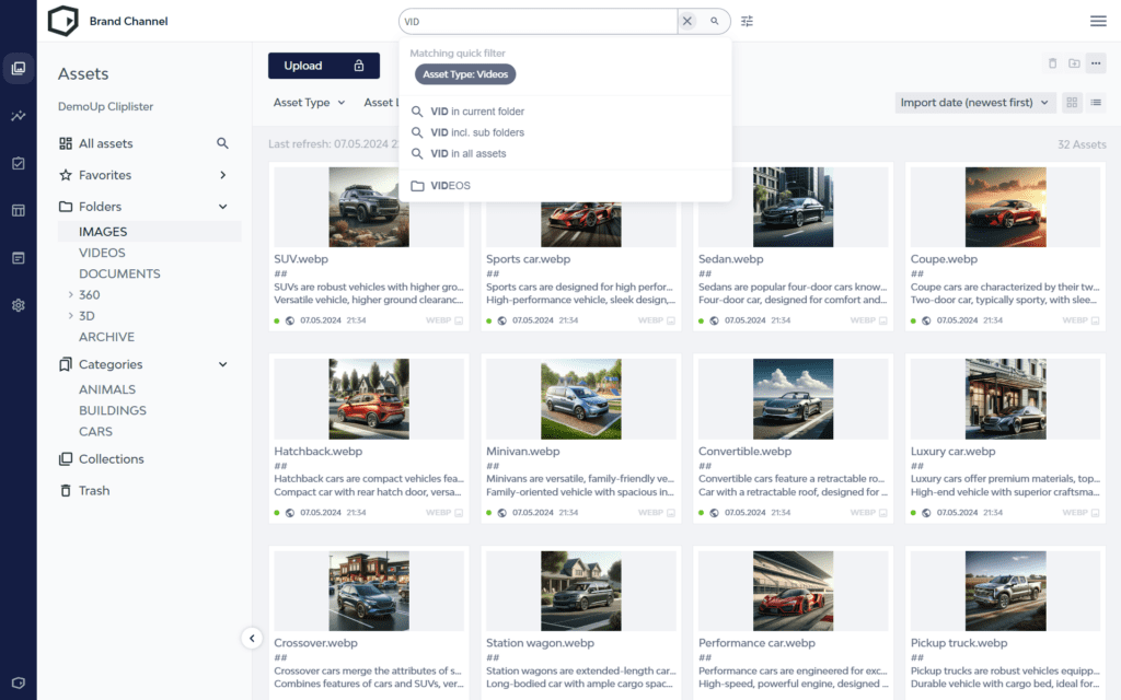 The search interface of the DemoUp Cliplister Brand Channel digital asset management system.