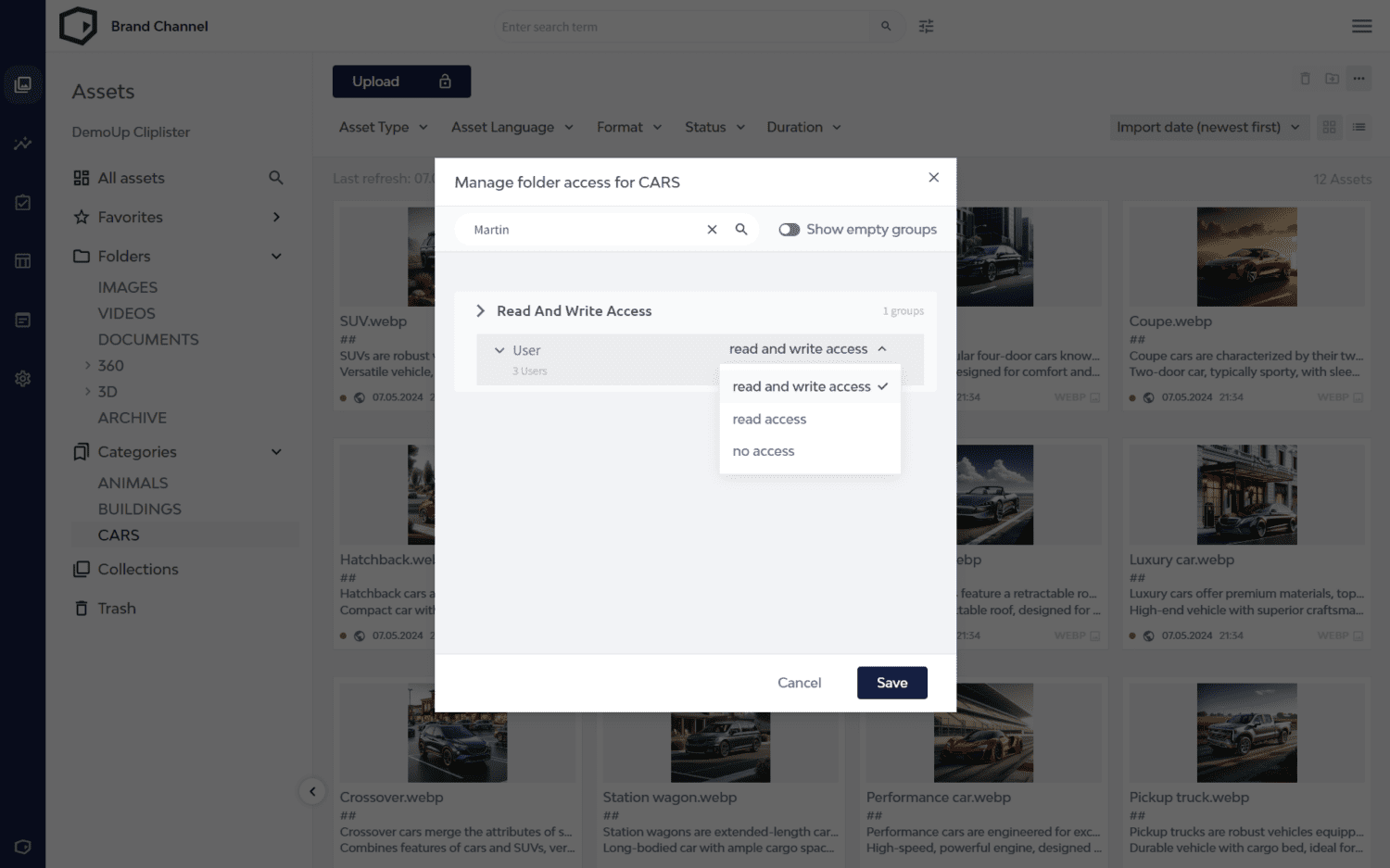 The read and write access control screen in the DemoUp Cliplister Brand Channel.