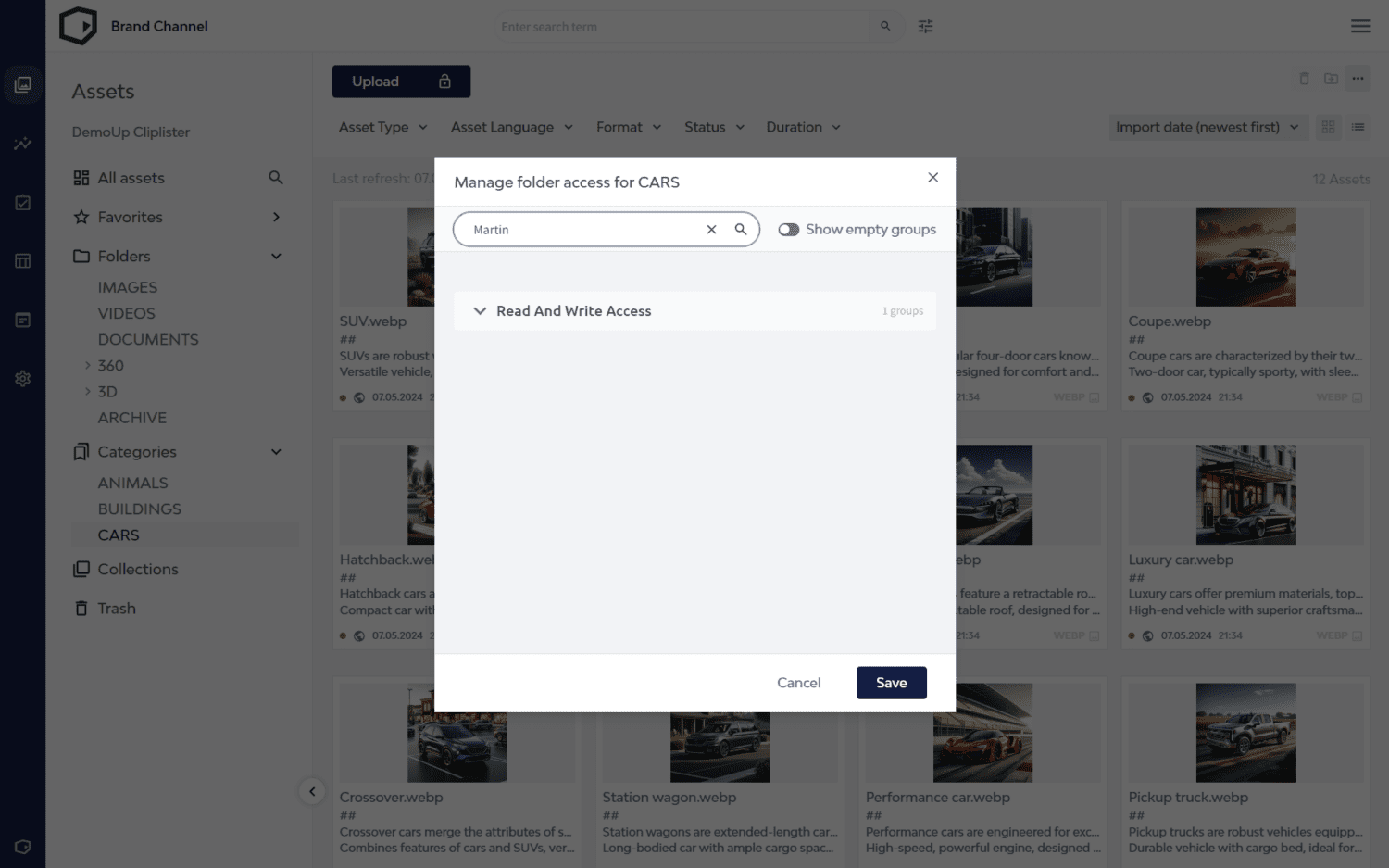 The Brand Channel's customisable user permissions interface.