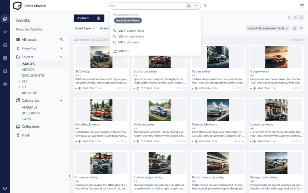 The DemoUp Cliplister DAM search functionality.