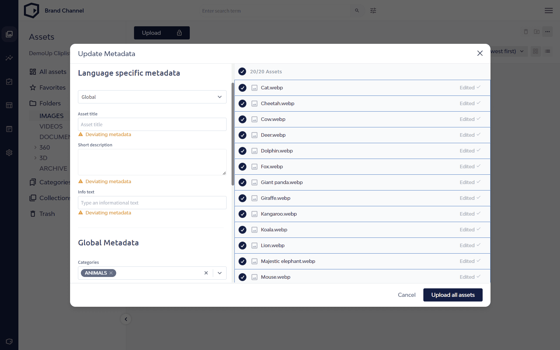 The DemoUp Cliplister bulk metadata update interface alerting a user that metadata deviates from the standard.