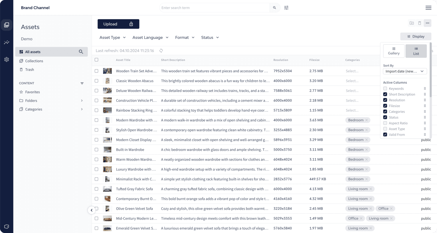 DemoUp Cliplister's digital asset management interface in list view displays details like titles, descriptions, file sizes, and categories.