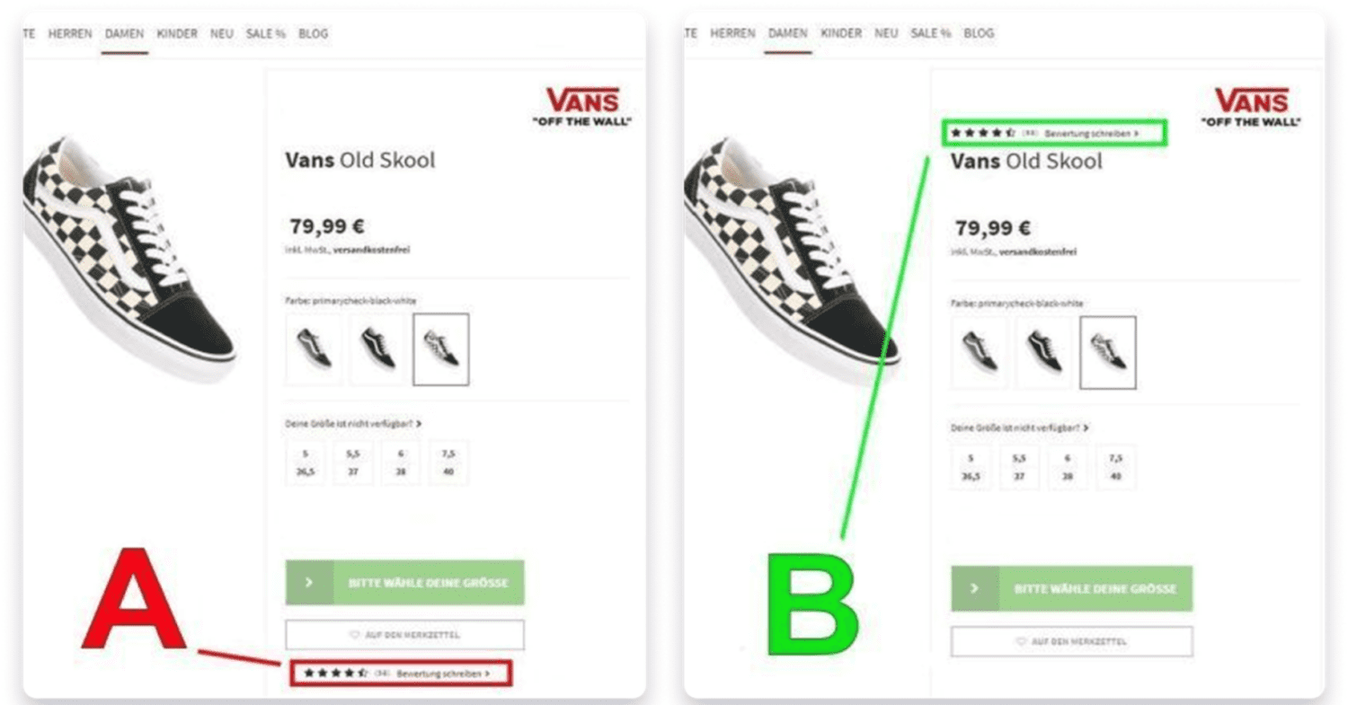 Version A and B are examples of product reviews on a PDP featuring Vans Old Skool model shoes.