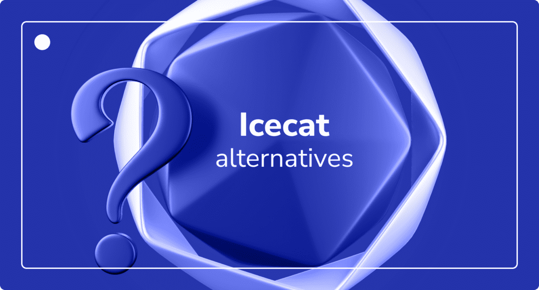 Text with Icecat alternatives on a blue background with a question mark overlay.