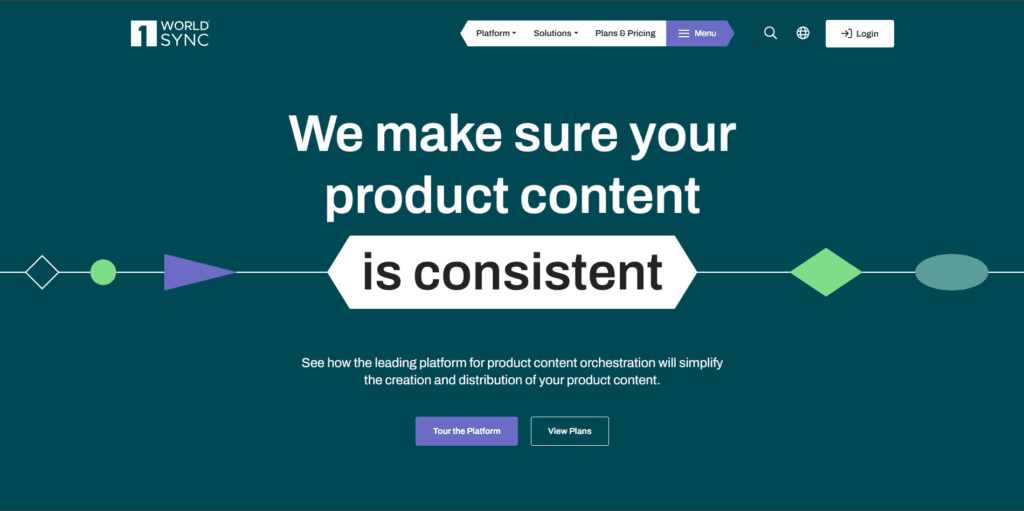 The 1WorldSync homepage features text saying we make sure your product content is consistent.