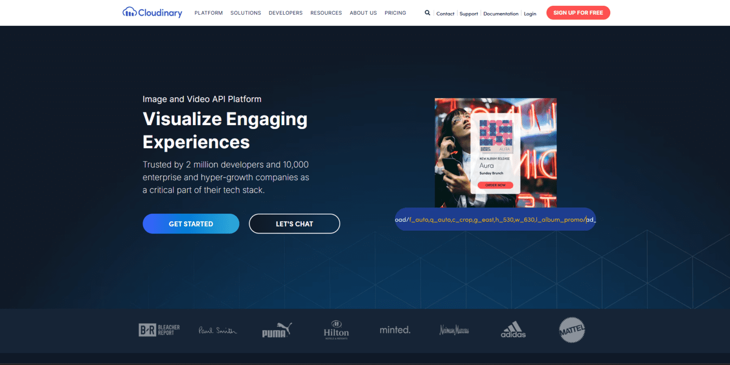 Cloudinary's homepage features its dynamic URL generation and client logos.