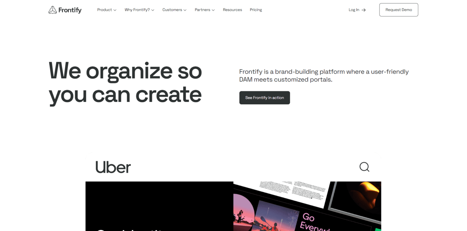 The Frontify homepage prominently features the headline "We organize so you can create."