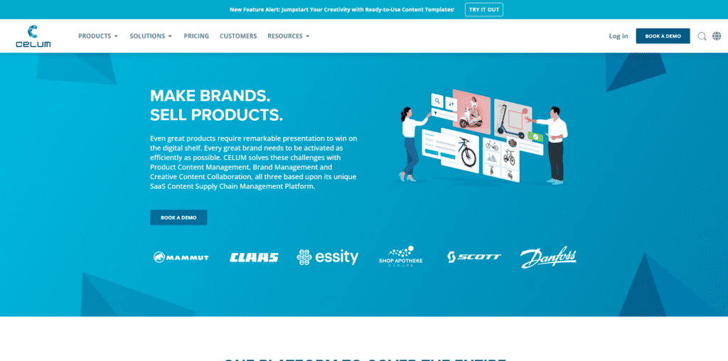 The CELUM homepage features client logos like Mammut, essity, SCOTT, and Danfoss.