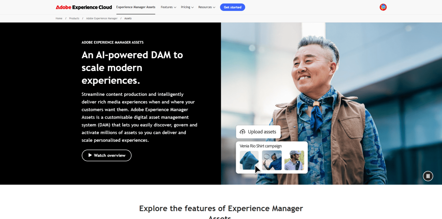 Adobe Experience Manager webpage: 'AI-powered DAM to scale modern experiences'.